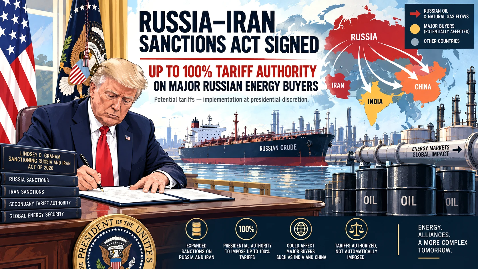 Trump Signs Russia-Iran Sanctions Act, Opening Door to Tariffs of Up to 100% on Major Russian Oil Buyers