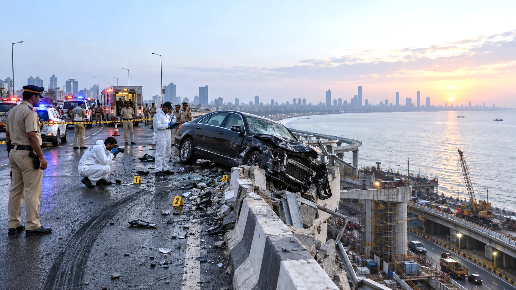 a serious vehicle crash on Mumbai’s Coastal Road and the ongoing police investigation