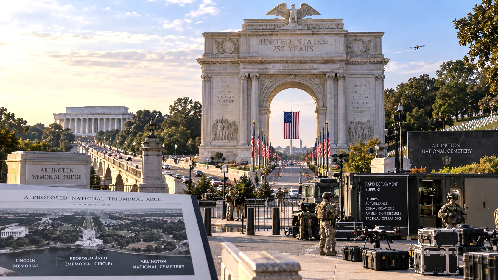 the proposed 250-foot Washington triumphal arch near Arlington National Cemetery with dual ceremonial and military functions