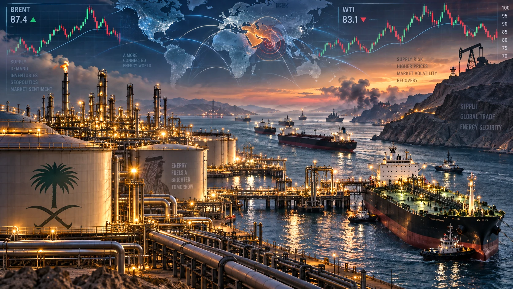 global crude oil price movements amid Middle East supply risks and Saudi export recovery