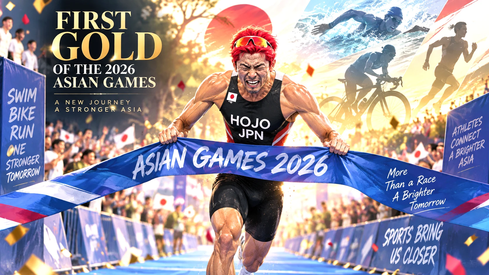 Japanese triathlete Takumi Hojo winning the first gold medal of the 2026 Asian Games
