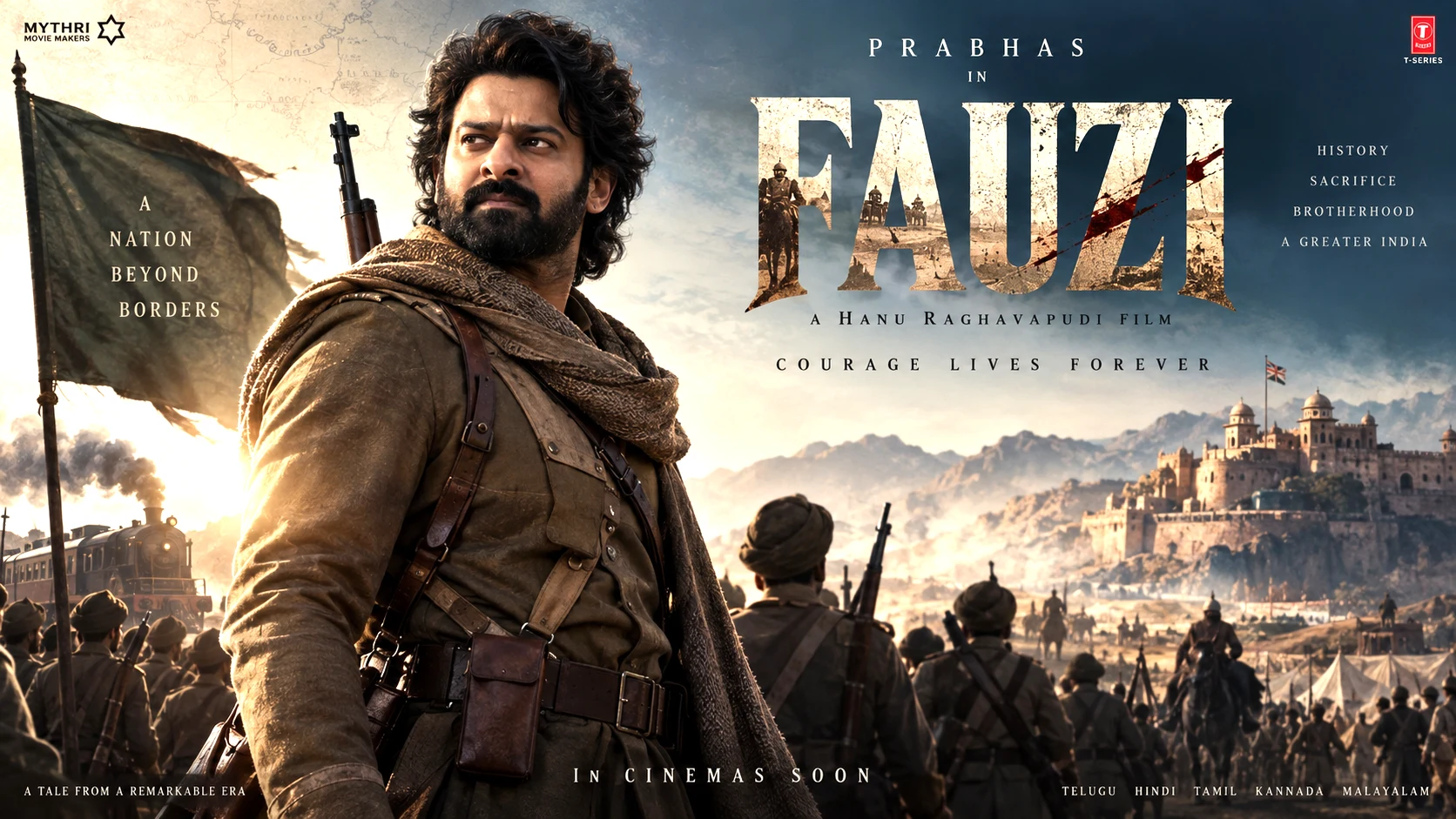 Official promotional visual for Prabhas and Hanu Raghavapudi's period action film Fauzi