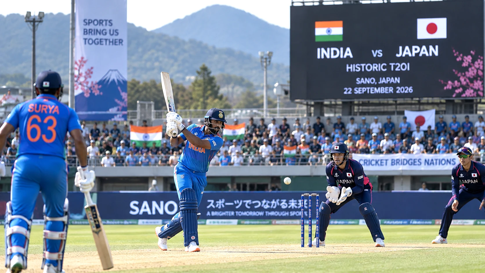 India and Japan men's cricket teams during their historic one-off T20I in Sano, Japan, on September 22, 2026