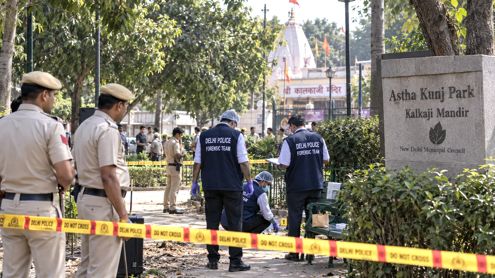 Police investigation at Astha Kunj Park near Kalkaji Mandir in southeast Delhi following the reported incident