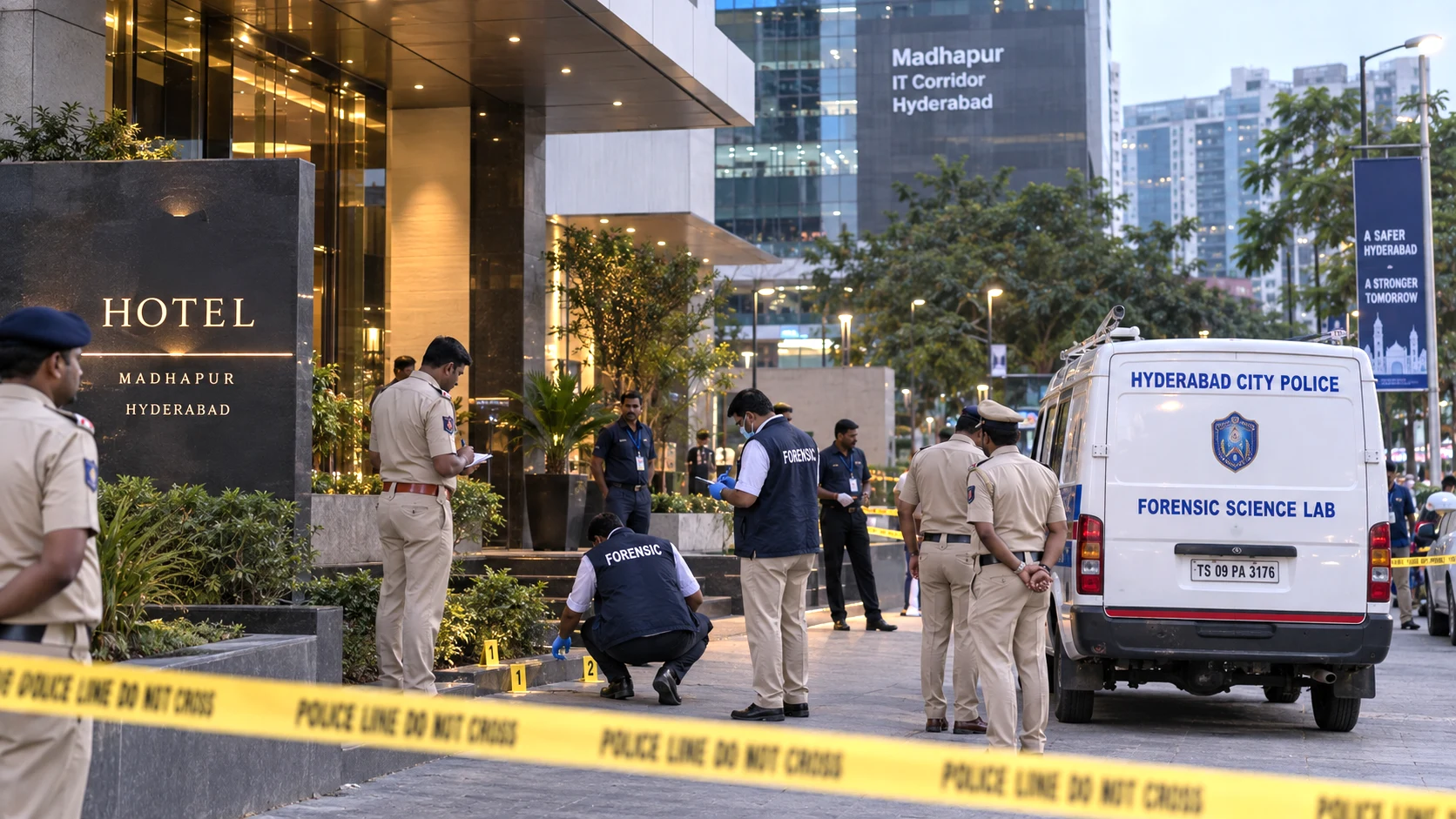 Police investigation near a Madhapur hotel in Hyderabad following the suspicious death of a woman from Andhra Pradesh