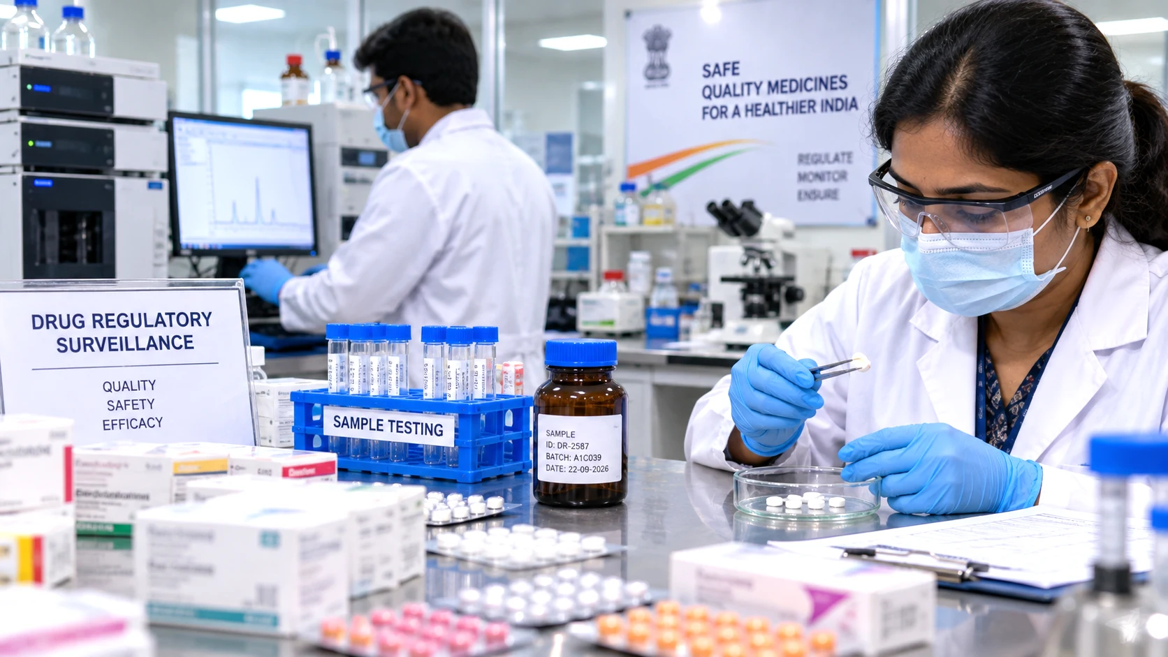 Pharmaceutical samples undergoing quality testing as part of drug regulatory surveillance in India