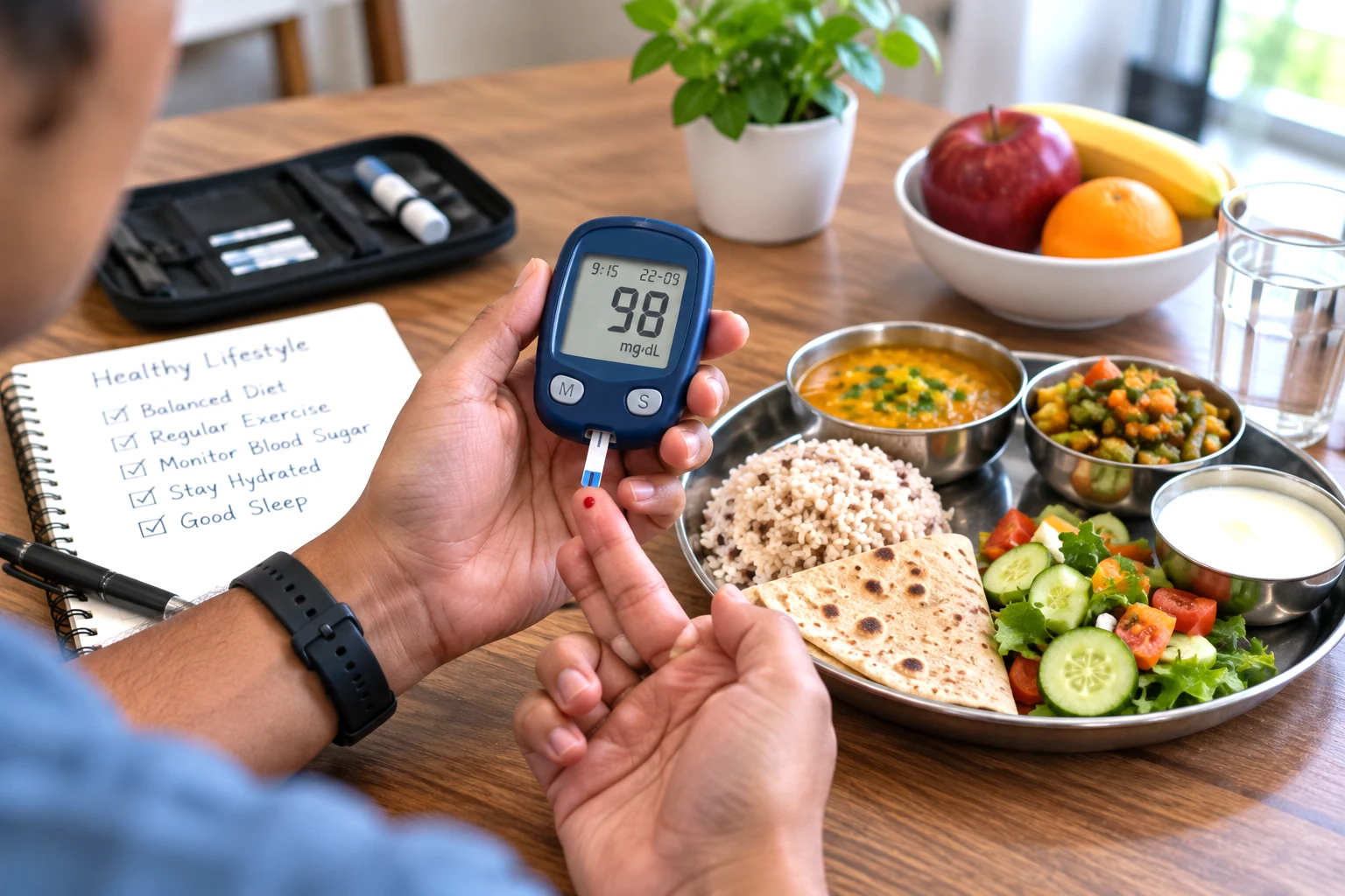 Person checking blood sugar with a glucometer alongside a balanced Indian meal