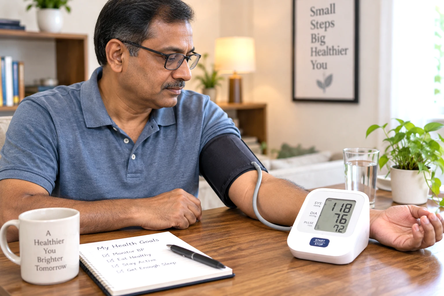 Adult measuring blood pressure correctly with an upper-arm monitor in a calm home or clinic setting