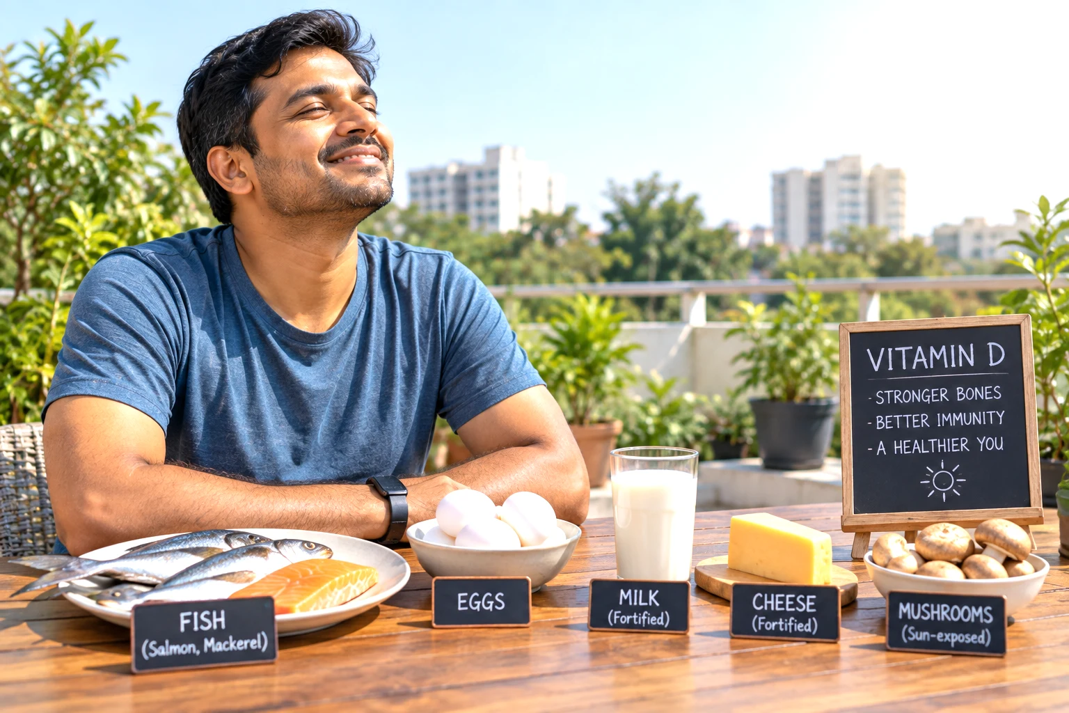 Indian adult outdoors in natural daylight with food sources that can contribute vitamin D