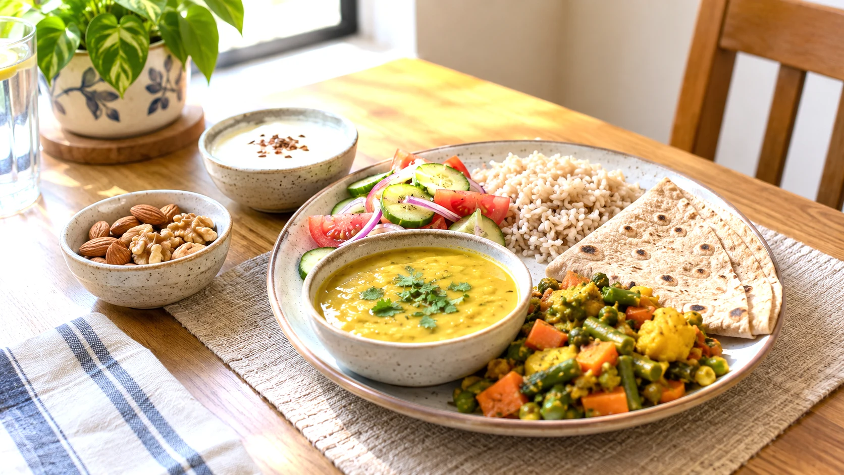 Balanced Indian heart-healthy meal with vegetables, pulses, whole grains and nuts for cholesterol management