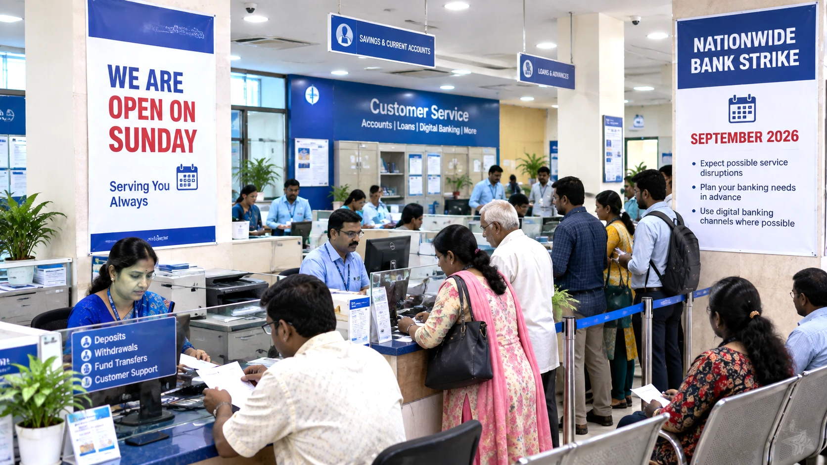 Public Sector Bank branch operating on Sunday ahead of the proposed September 2026 nationwide bank strike