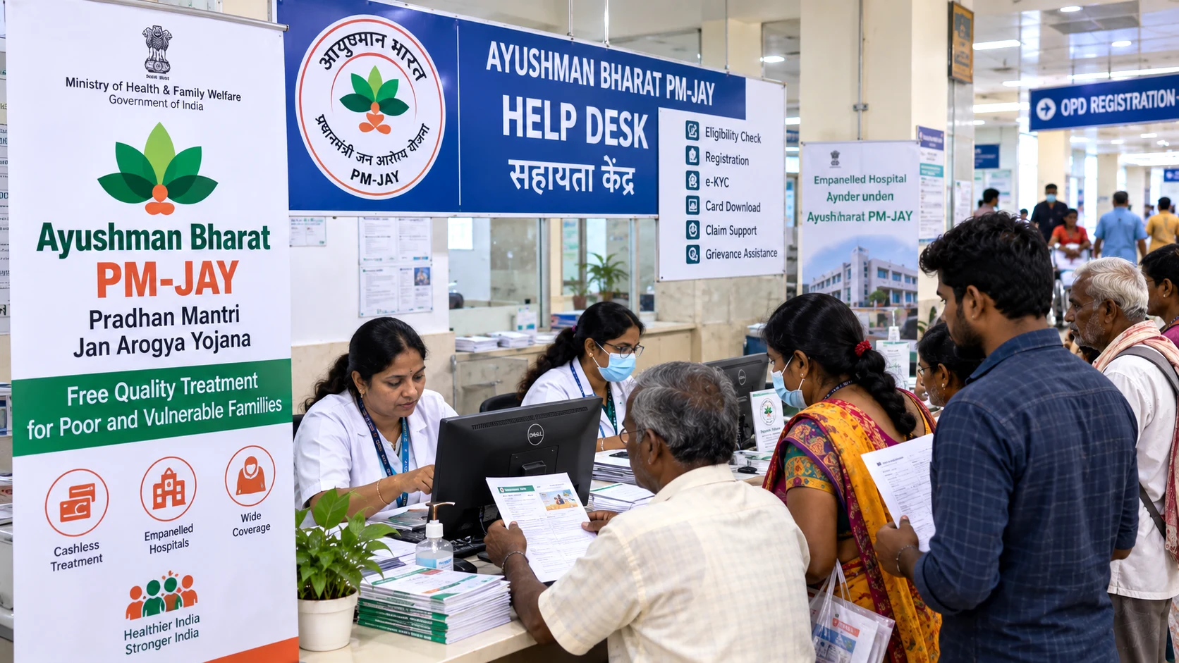 Beneficiaries receiving assistance at an Ayushman Bharat PM-JAY help desk at an empanelled hospital in India