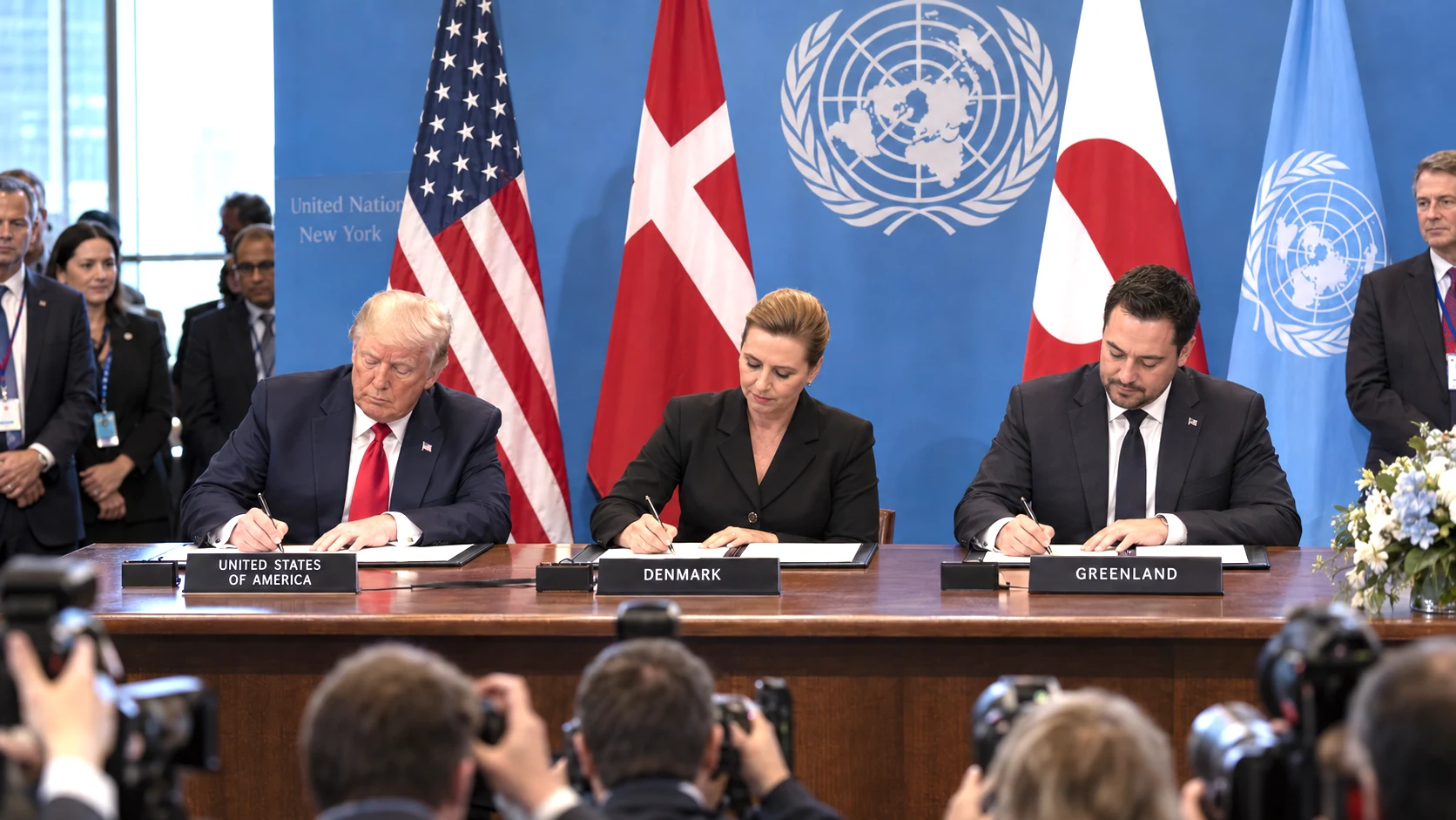 Donald Trump, Mette Frederiksen and Jens-Frederik Nielsen at the signing of the new US-Denmark-Greenland Arctic security agreement in New York