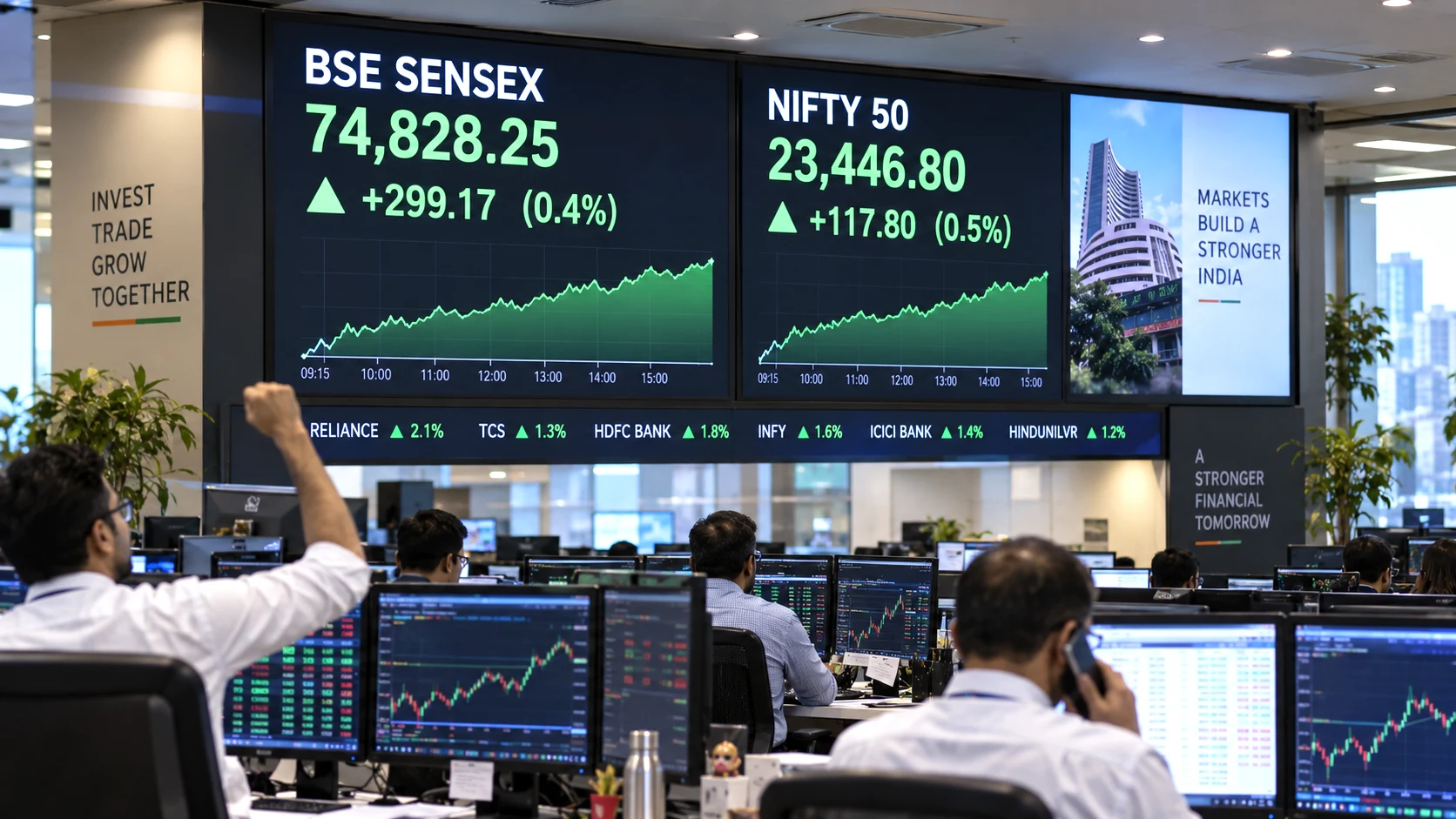 Indian stock market screens during a positive Sensex and Nifty trading session on September 23, 2026