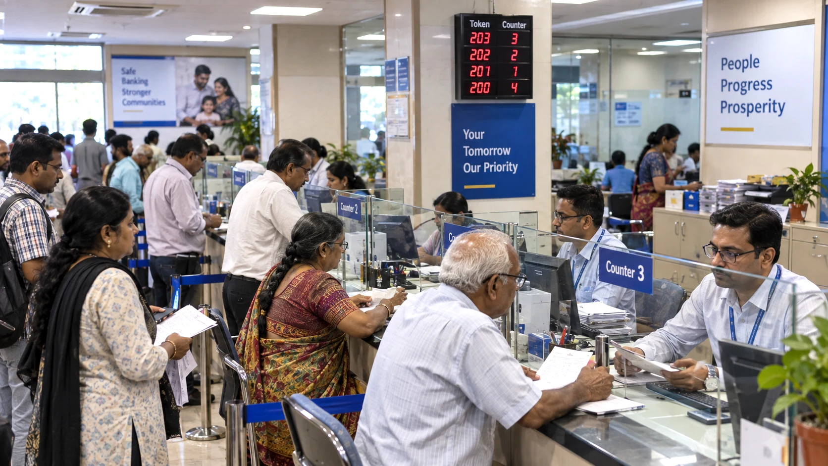 Customers using a public-sector bank branch ahead of the proposed September 28-30, 2026 nationwide bank strike