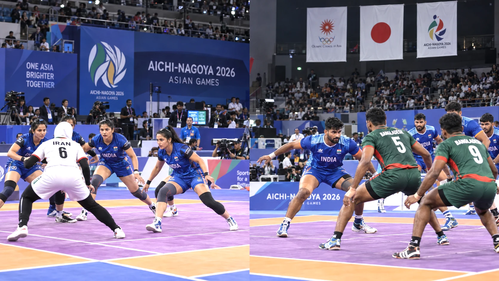 Indian kabaddi teams competing at the Aichi-Nagoya Asian Games 2026 after victories over Iran and Bangladesh