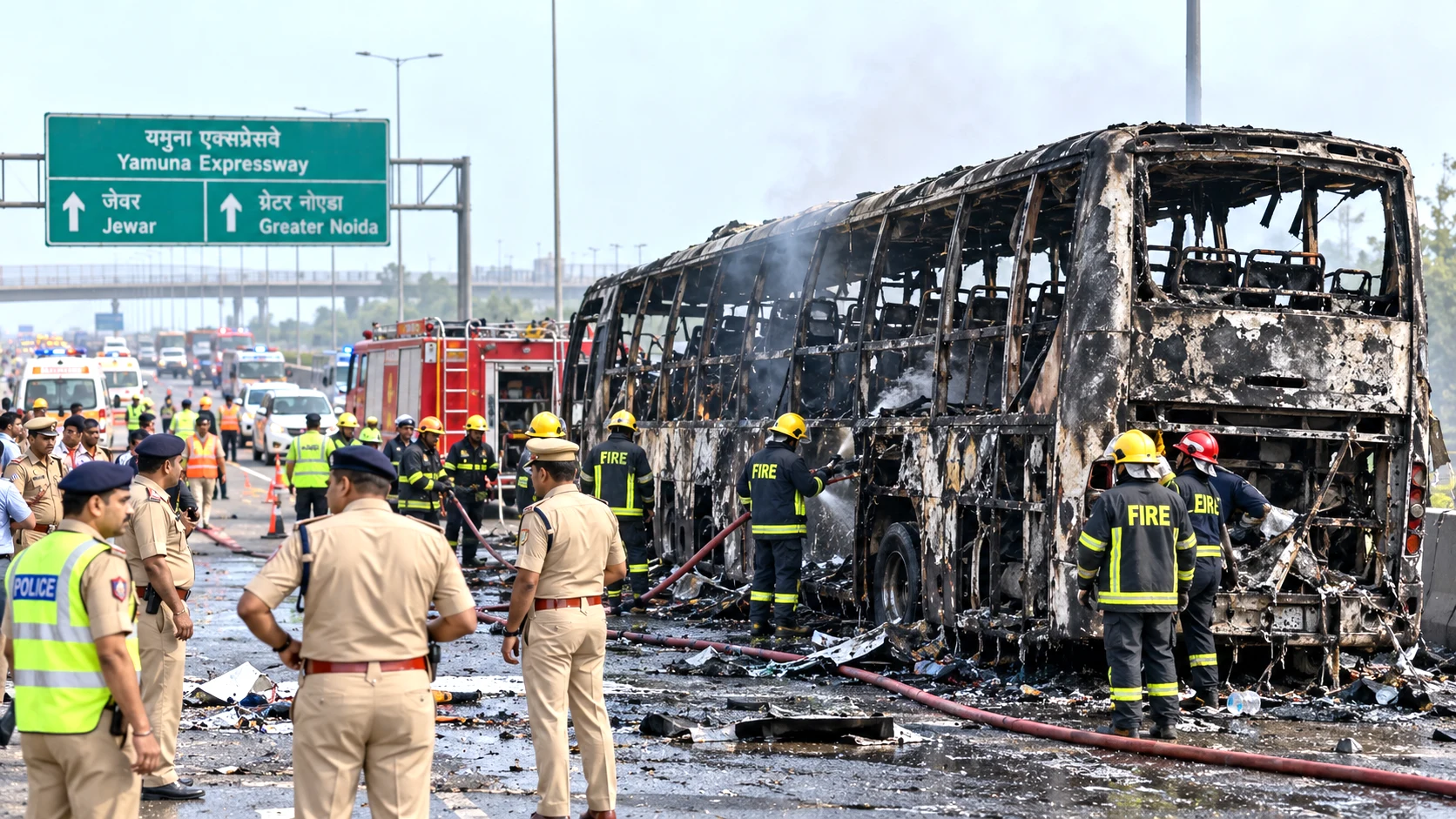 Firefighters and police at the scene of a deadly sleeper-bus fire on the Yamuna Expressway near Jewar in Greater Noida