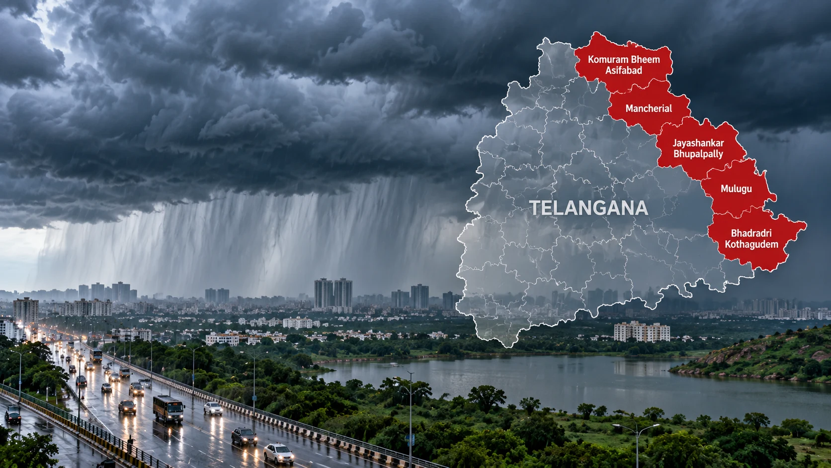Heavy rain clouds over Telangana with IMD red-alert districts highlighted for September 24, 2026