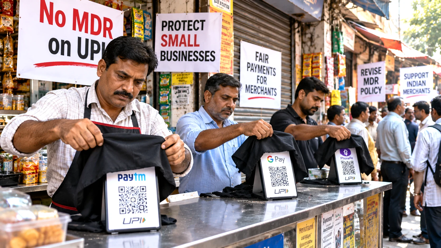 Indian traders symbolically covering UPI QR payment devices during a protest against the new merchant discount rate