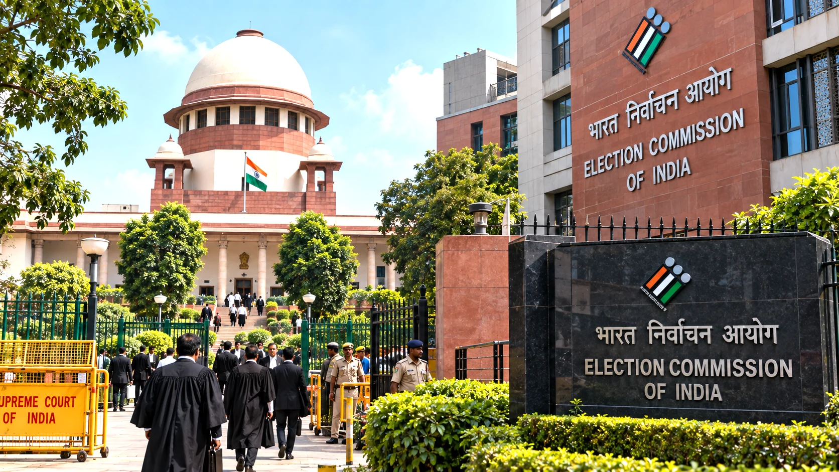 Supreme Court of India and Election Commission headquarters as the Court considers a constitutional challenge to the 2023 Election Commissioners appointment law