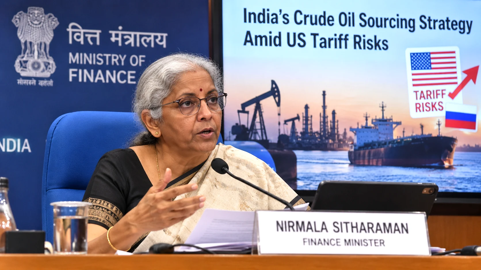 Finance Minister Nirmala Sitharaman discusses India's crude-oil sourcing strategy amid US tariff risks linked to Russian oil purchases