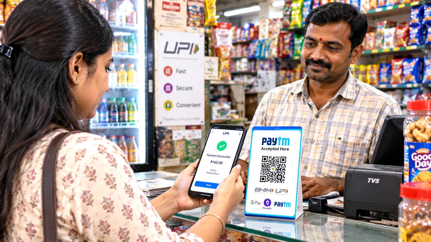 Customer making a UPI QR payment at an Indian shop as the government clarifies that MDR will not be charged to consumers