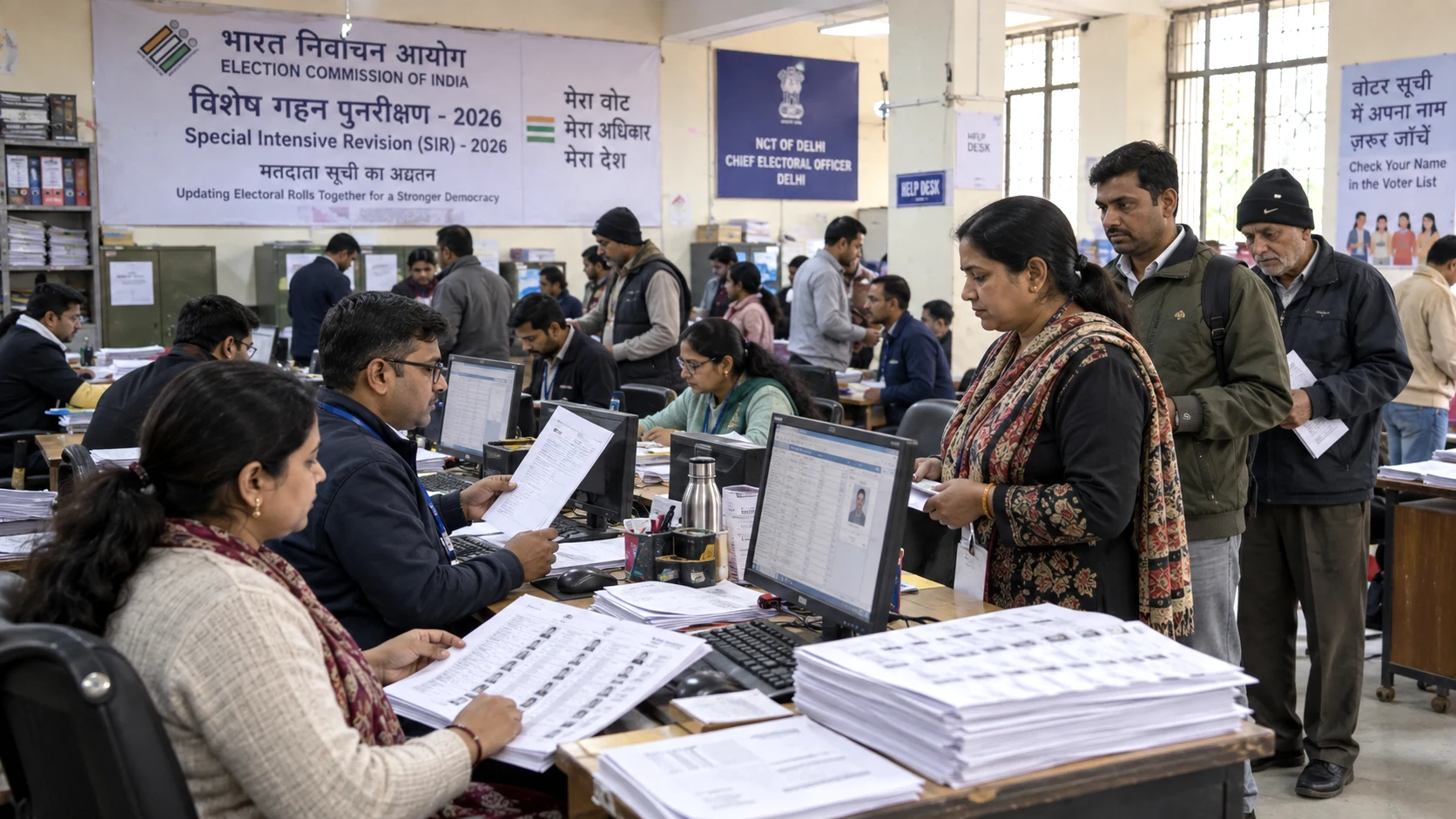Delhi election officials verifying voter records during the 2026 Special Intensive Revision of electoral rolls