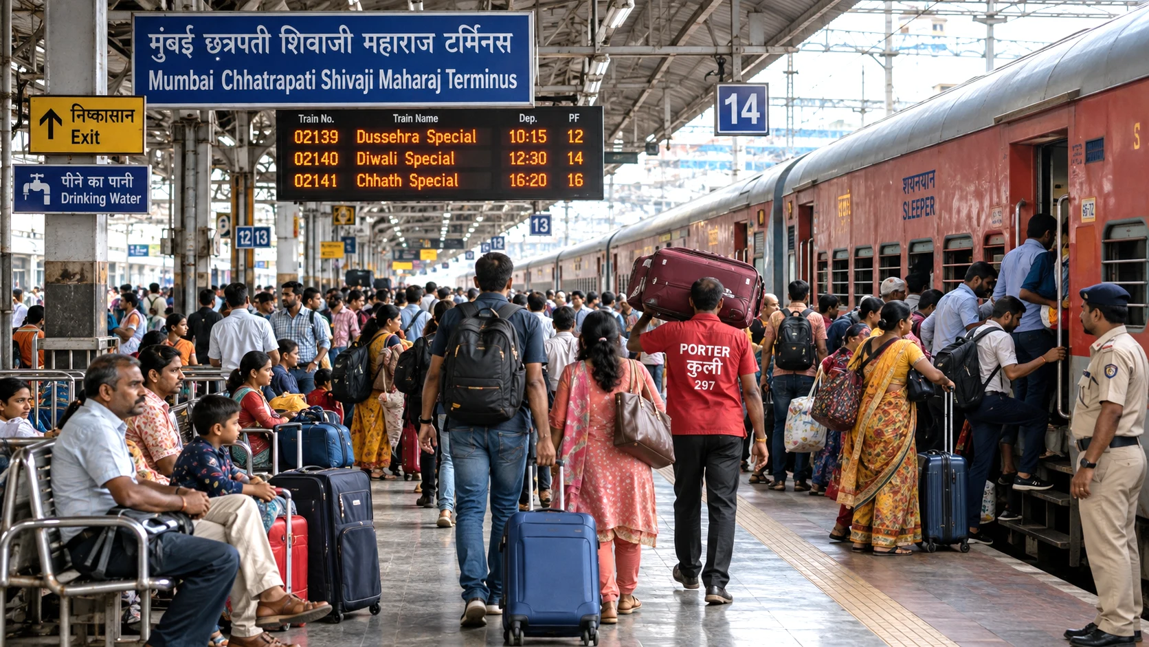 Passengers at an Indian railway station as Central Railway introduces special trains for Dussehra, Diwali and Chhath 2026 travel