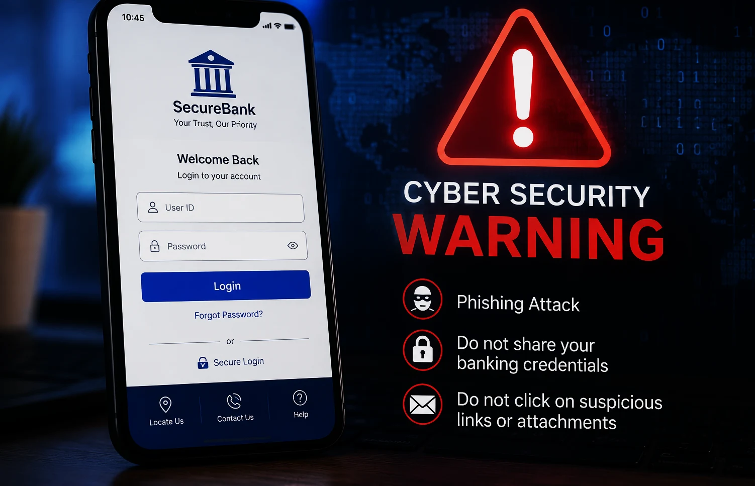 Smartphone displaying a generic fake banking login page beside a cyber security warning graphic.