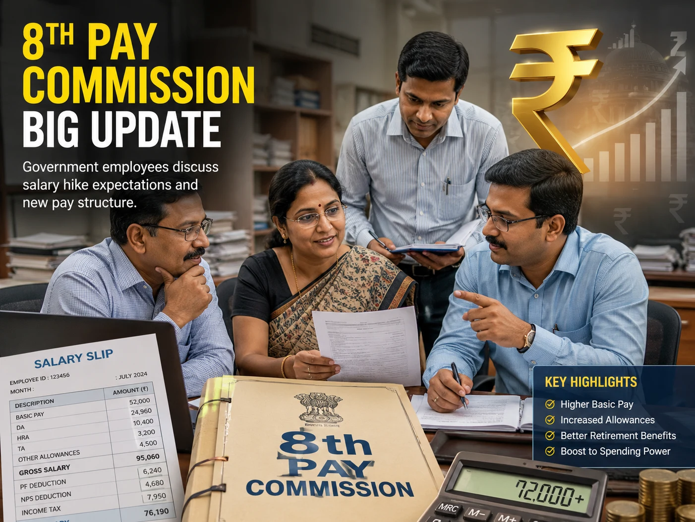 Central Government employees awaiting 8th Pay Commission salary revision amid demand to increase minimum basic pay from ₹18,000 to ₹72,000