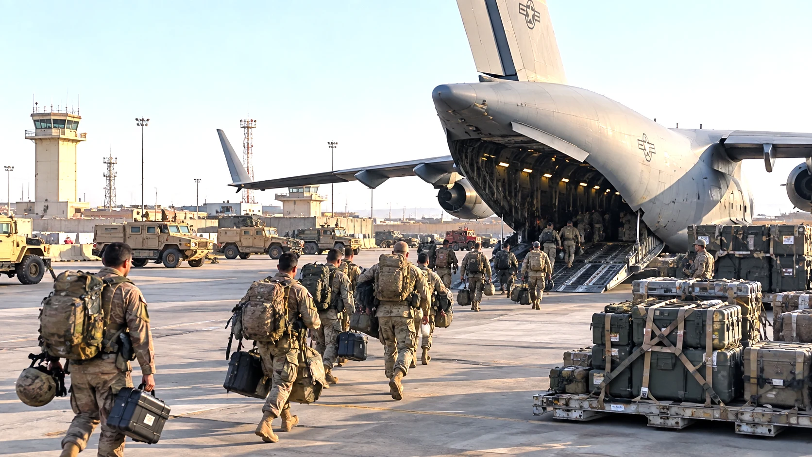 US military personnel and equipment departing Erbil Air Base as the American troop withdrawal from Iraq concludes