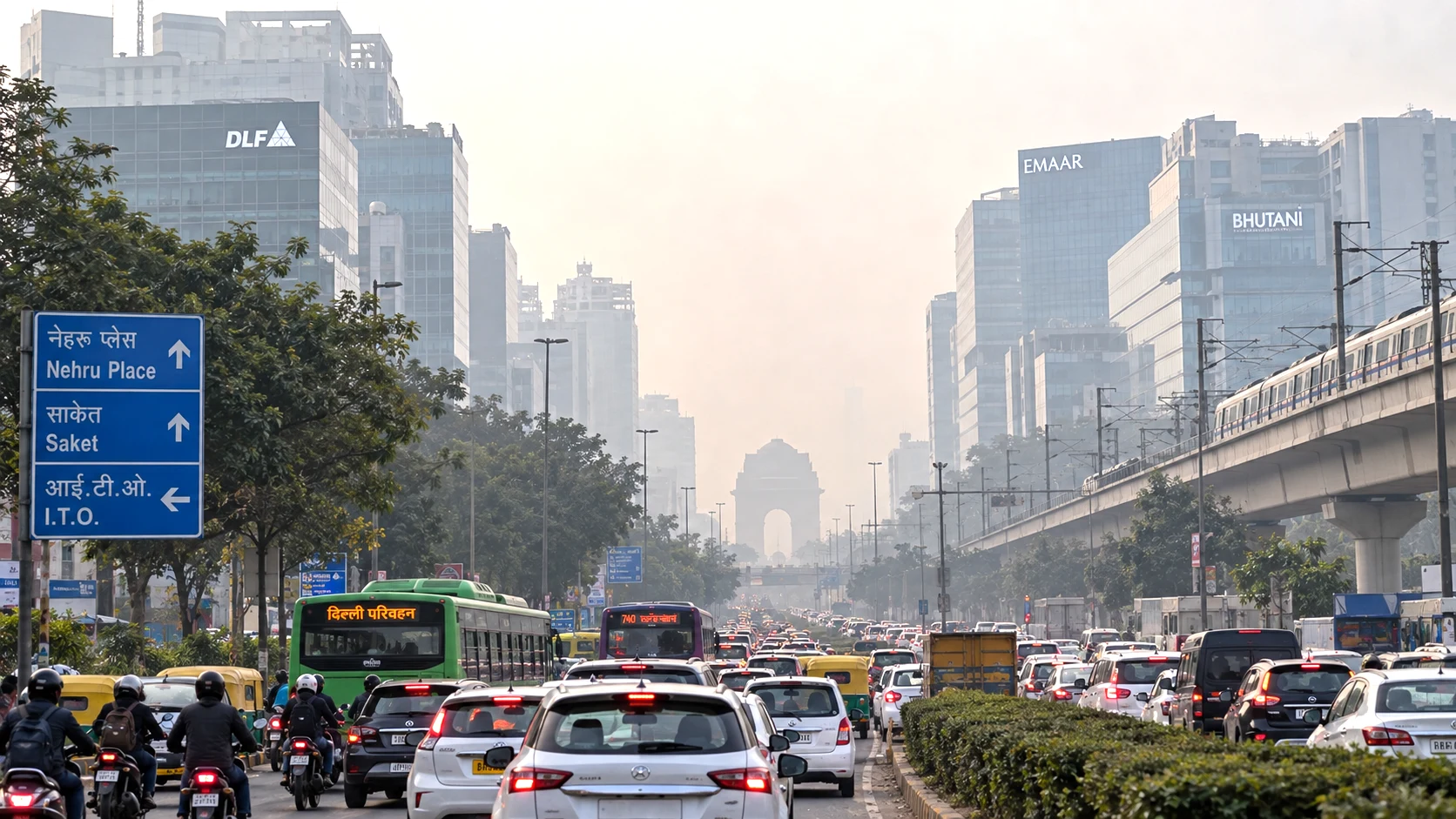 Hazy Delhi office district and traffic representing work-from-home, parking and vehicle pollution measures for winter 2026