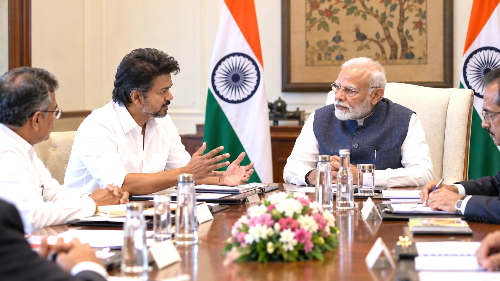 Tamil Nadu Chief Minister C Joseph Vijay meeting Prime Minister Narendra Modi during an official Centre-state discussion in New Delhi