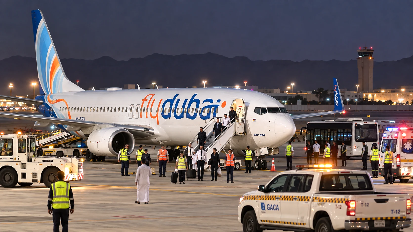 Flydubai Boeing 737 after a cockpit emergency forced flight FZ1073 from Dubai to Tel Aviv to divert to Tabuk, Saudi Arabia